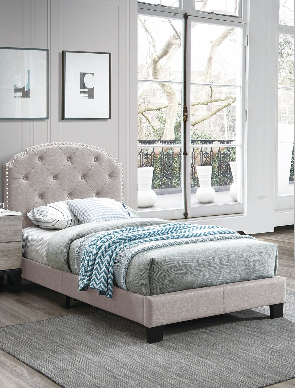 English Elm Light Gray Burlap Upholstered Twin Bed with Button Tufted Headboard and Nailhead Trim B011P415184