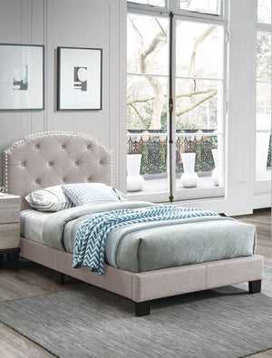 English Elm Light Gray Burlap Upholstered Twin Bed with Button Tufted Headboard and Nailhead Trim B011P415184