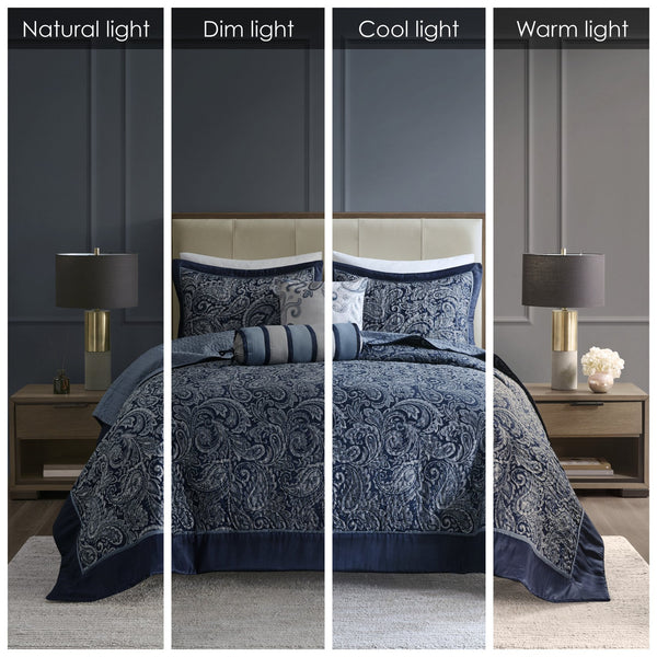 English Elm 5 Piece Aubrey Reversible Jacquard Bedspread Set King with Paisley Motif, Gold Sheen, Quilted Elegance Navy 22.83 L x 18.11 W x 7.48 H B03597644