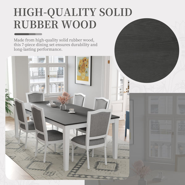 English Elm TOPMAX Rustic 7-Piece Solid Wood Extendable Dining Set with 18" Removable Leaf, 6 Upholstered Chairs, 2 Drawers Dark Gray,White SP000078AAE