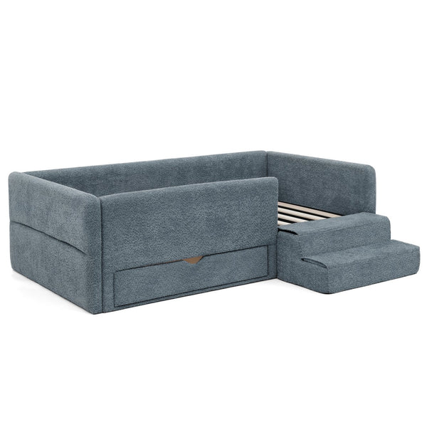 English Elm Twin Boucle Upholstered Kids Bed with Guardrails Built in Storage and Cushioned Step Stool Navy W1413P433366