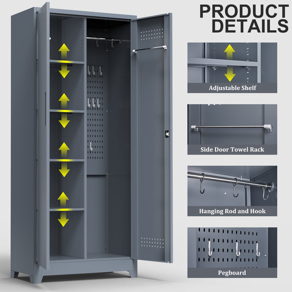English Elm Gray Steel Locking Tall Storage Cabinet with Adjustable Shelves for Kitchen or Shop Grey T3625P372658