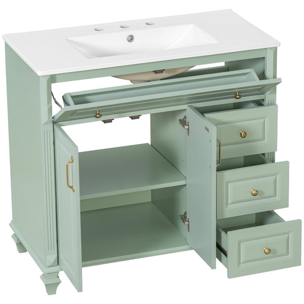English Elm 36" Forest Green Rubberwood Bathroom Vanity with Ceramic Sink and Golden Hardware N725P356069F