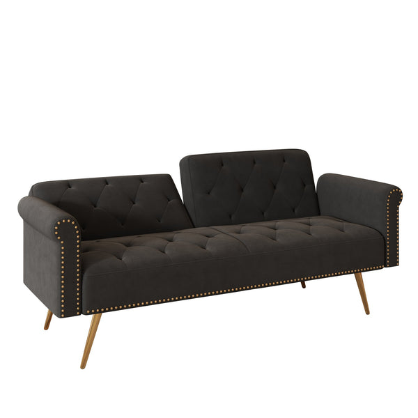 English Elm A Velvet 69.7" Sofa Bed with Gold Legs, Nailhead Trim, 2-Seater Convertible Sofa with Pillow Black W3356P298444