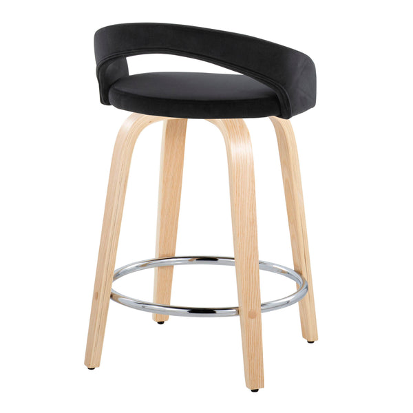 English Elm Fixed-height Swivel Counterstools with Velvet Seats Bent Wood Legs Chrome Footrest Set of 2 B202S01763