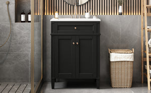 English Elm 24" Bathroom Vanity with Ceramic Basin, French-Inspired Accent Carvings, Soft-Close Doors & Storage Black N710P293309B