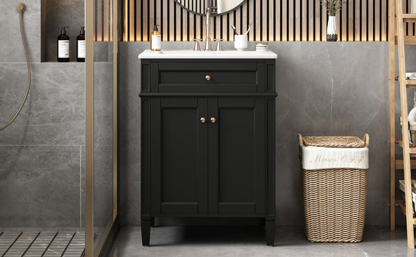 English Elm 24" Bathroom Vanity with Ceramic Basin, French-Inspired Accent Carvings, Soft-Close Doors & Storage Black N710P293309B
