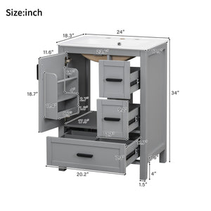 English Elm Modern 24 Inch Bathroom Vanity Solid Wood Cabinet with Ceramic Sink and Soft Close Storage Gray N729P292859E