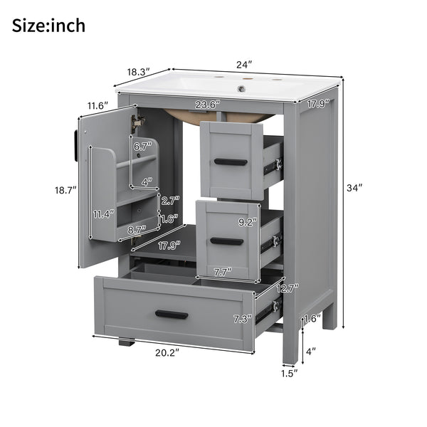 English Elm Modern 24 Inch Bathroom Vanity Solid Wood Cabinet with Ceramic Sink and Soft Close Storage Gray N729P292859E