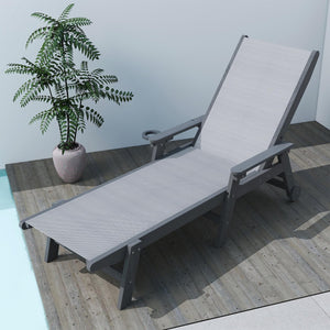 English Elm Lounge Outdoor Hdpe Reclining Chaise with Teslin Fabric Seat Wheels and Cup Holder Grey W1859P494767