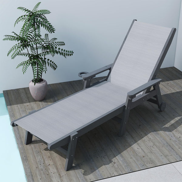 English Elm Lounge Outdoor Hdpe Reclining Chaise with Teslin Fabric Seat Wheels and Cup Holder Grey W1859P494767
