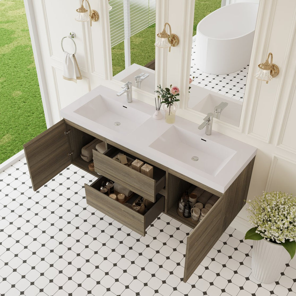 English Elm 60" Wall Mount Bathroom Vanity Ash Finish Solid Surface Basin Soft Close Storage Grey W1573P152707