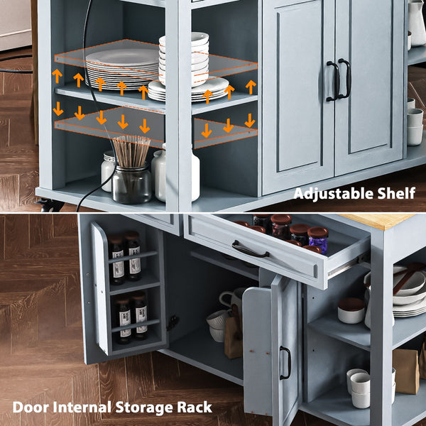 English Elm K&k Farmhouse Kitchen Island Extendable Table Rubber Wood Veneer Built-in Charging Storage Grey+Blue N707S215327G