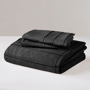 JLA Home Comfort Spaces - Soft Washed Pleated Duvet Cover Set with OEKO-TEX Soft Microfiber, Grid Pinch-Pleat, Button Closure, Breathable All-Season Comfort Black AM12-0157