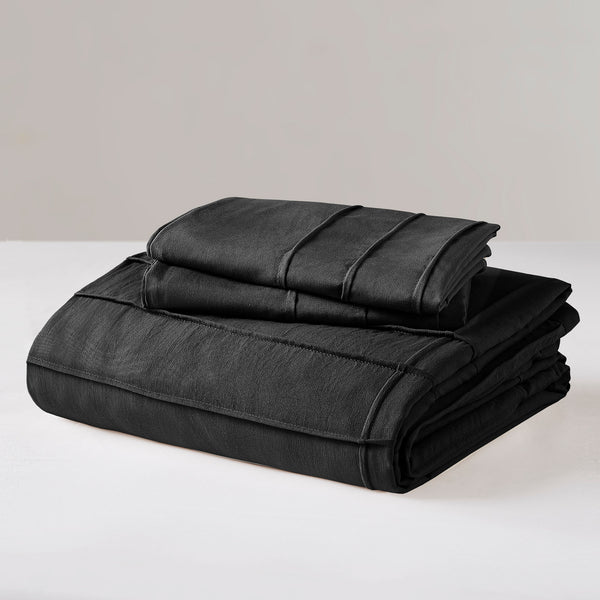 JLA Home Comfort Spaces - Soft Washed Pleated Duvet Cover Set with OEKO-TEX Soft Microfiber, Grid Pinch-Pleat, Button Closure, Breathable All-Season Comfort Black AM12-0157