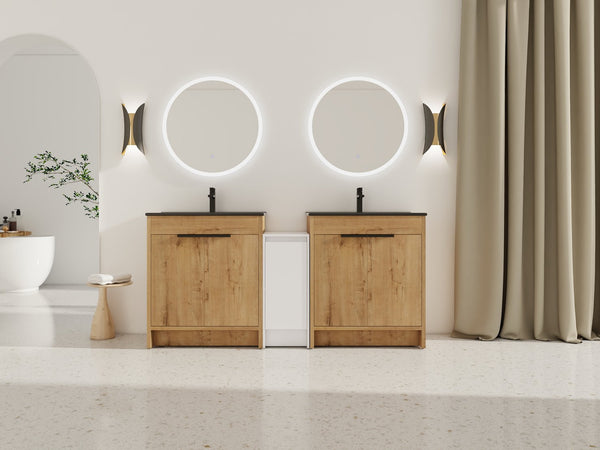 English Elm 72 Inch Freestanding Bathroom Vanity With Black Ceramic Sink, Soft-Close Doors & Ample Storage W999S00324