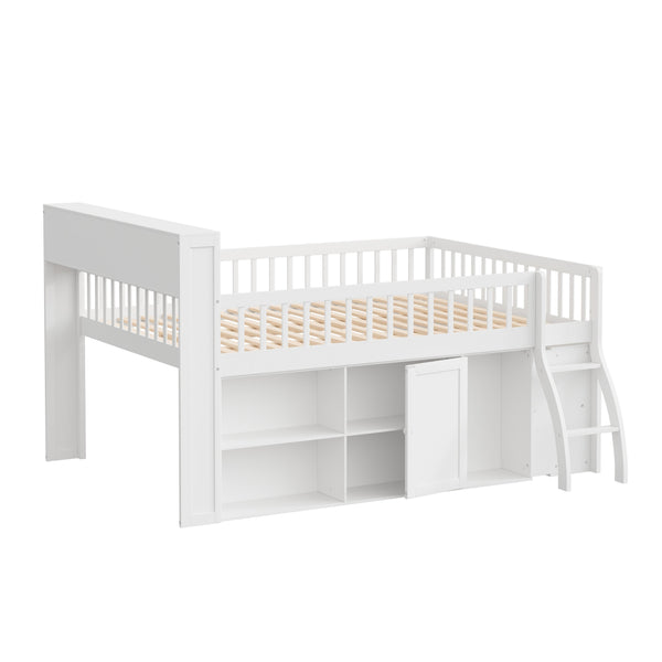English Elm Queen Loft Bed with Open Shelving Built-in Led Light White Wood Frame N7090005025K