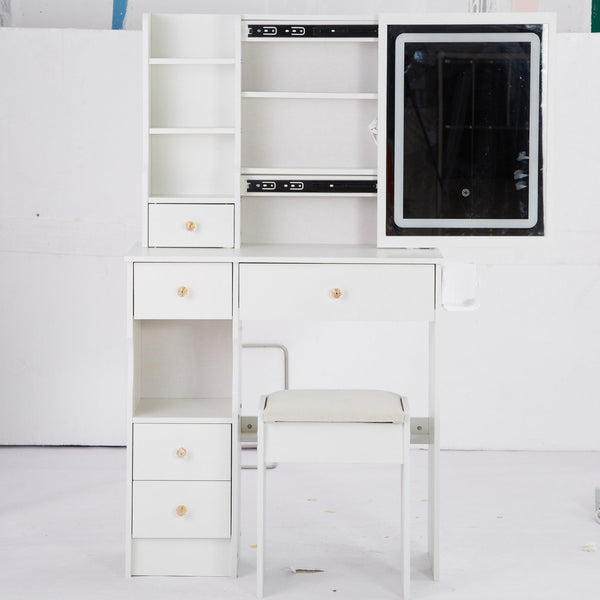 English Elm 29.2" Compact Left Drawer Vanity Set With Led Mirror, Power Station, Stool & Hair Dryer Holder P2 W936P226043-GIGA