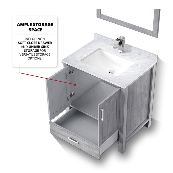 English Elm Distressed Grey Bath Vanity Set With Carrara Marble Top, Chrome Faucet & 28" Mirror For Stylish Storage B2731S01252