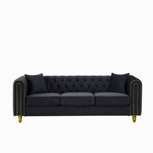 English Elm 86" Chesterfield Velvet Three Seat Sofa Button Tufted Rolled Arms Gold Legs Living Room Black W3373S00078