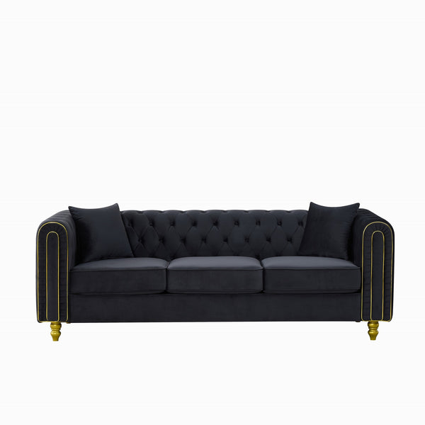 English Elm 86" Chesterfield Velvet Three Seat Sofa Button Tufted Rolled Arms Gold Legs Living Room Black W3373S00078