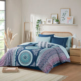 Intelligent Design Loretta Global Inspired Boho Comforter Set with Bed Sheets ID10-1375 Navy