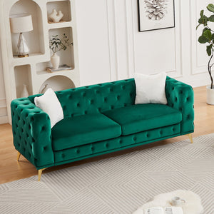 English Elm Fx Chesterfield Velvet Sofa with Diamond Tufting Polished Legs and Accent Pillows Green W1926S00081