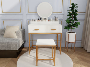 English Elm Vanity Chic Ancient White Makeup Table with Mirror & Stool, Gold Accents, Compact Storage for Small Spaces W2139P306366