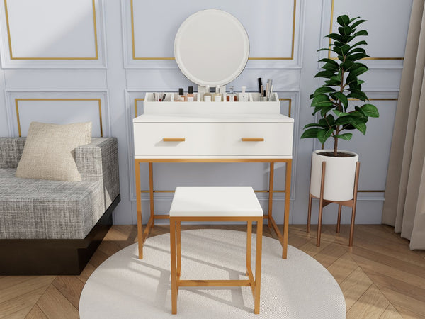 English Elm Vanity Chic Ancient White Makeup Table with Mirror & Stool, Gold Accents, Compact Storage for Small Spaces W2139P306366