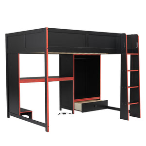 English Elm Wood Full Size Gaming Loft Bed With Desk, Wardrobe, Led Lighting, And Storage Drawer, Black Finish N7090004011B-GIGA