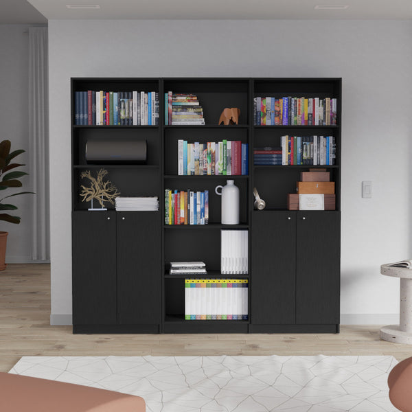 English Elm Arbor 3-Piece Home Bookcase Set with 11 Shelves and Dual Door Cabinets for Organized Living Spaces Black 41 L x 28 W x 5 H B200S00351