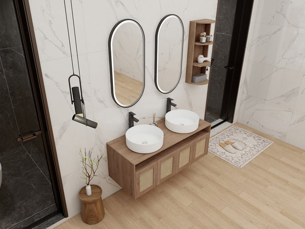 English Elm 48" Floating Bathroom Vanity Dual Ceramic Vessel Sinks Oak Finish Soft Close Doors W999S00504