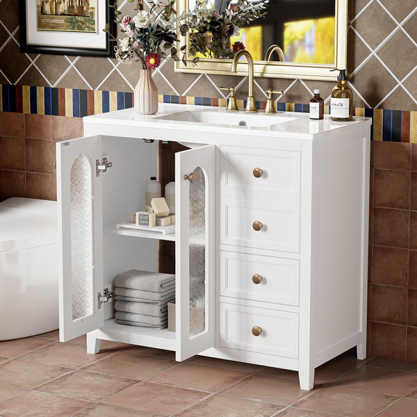 English Elm 36.02-inch white bathroom vanity with ceramic basin, gold round handles, soft-close doors & drawers N729P184710K