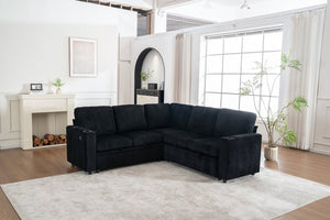 English Elm Sectional Corduroy Sleeper Sofa with Storage and Charging Ports for Small Spaces Black W1361S00078