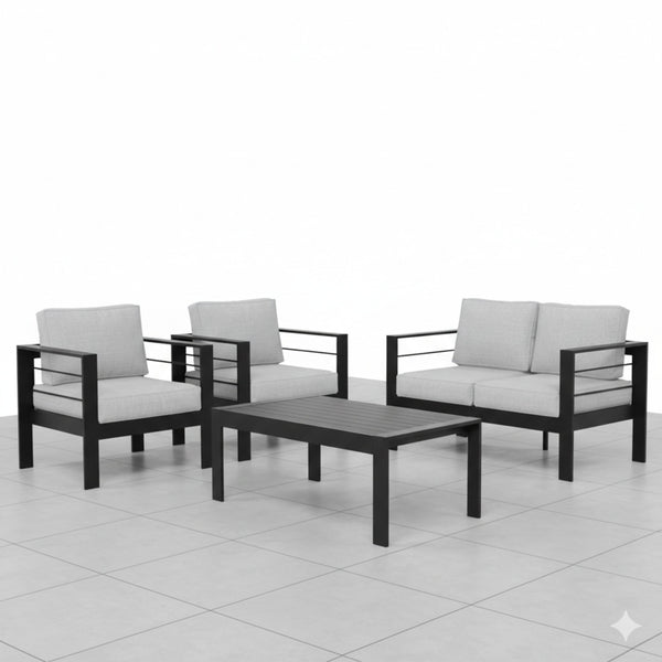 English Elm 4-piece Outdoor Cast Aluminum Conversation Set Resort Style Patio Seating with Wpc Table Light Gray B082S00097