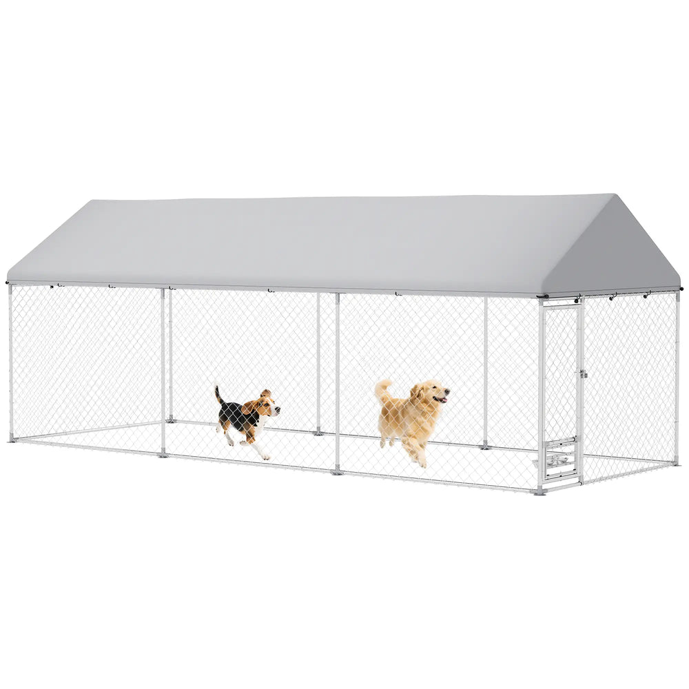 English Elm Large-sized Galvanized Steel Outdoor Dog Kennel with Oxford Fabric Weatherproof Roof T3971S00099