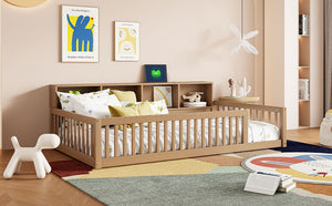 English Elm Wood Twin XL Floor Bed with Built-In Storage Cabinets, USB Charging Ports, Space-Saving Design Brown N709P205811D