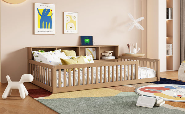 English Elm Wood Twin XL Floor Bed with Built-In Storage Cabinets, USB Charging Ports, Space-Saving Design Brown N709P205811D