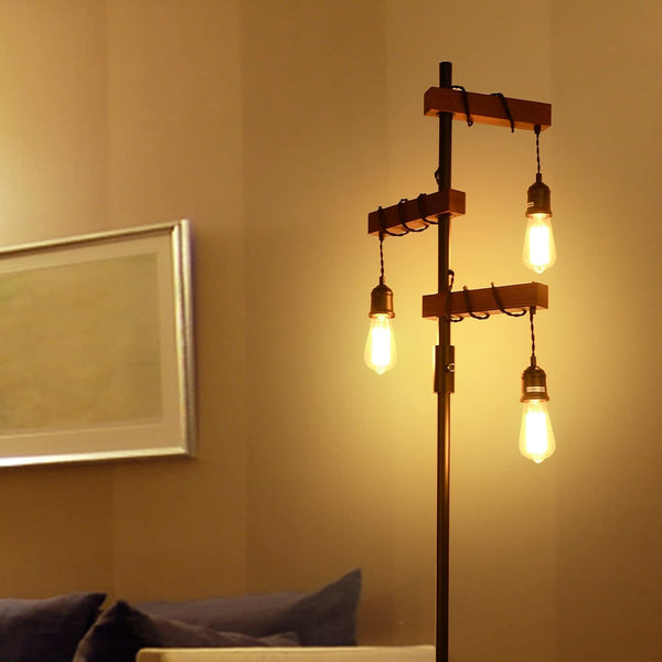 English Elm Dimmable Industrial Floor Lamp 68" 3-Head Wood & Metal Tree Lamp with Rotary Dimmer, Rustic Vintage Accent W2738P227440