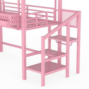 English Elm Twin Metal Loft Bed with Built-in Wardrobe Storage Stairs Led Lights and Usb Ports W5316S00046