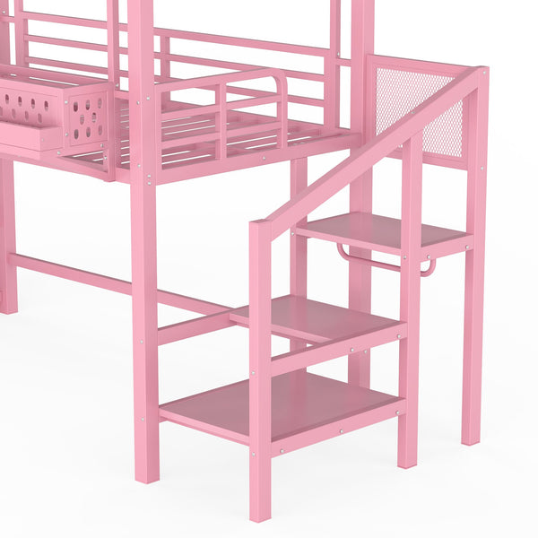 English Elm Twin Metal Loft Bed with Built-in Wardrobe Storage Stairs Led Lights and Usb Ports W5316S00046