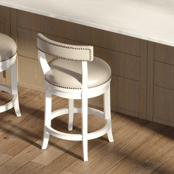 English Elm 26" Counter Height Swivel Barstool Woven Linen Seat Nailhead Trim Solid Wood Frame White B2751P436450