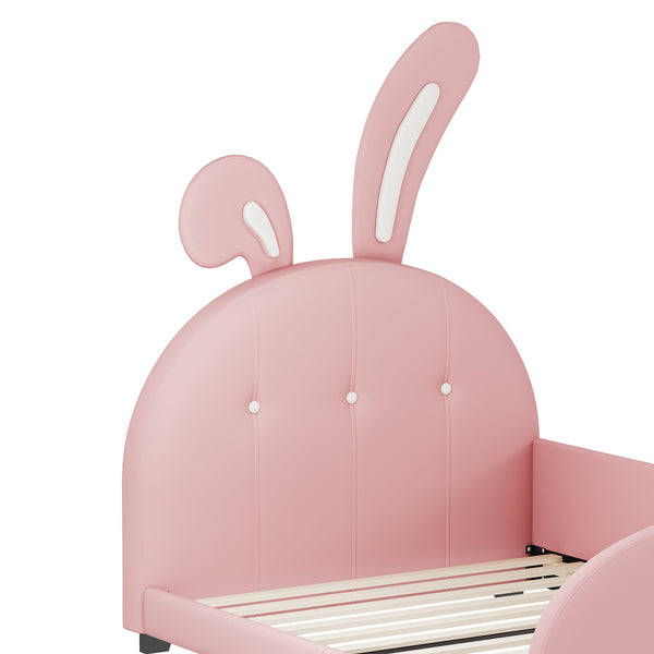 English Elm Twin Rabbit-Shape Upholstered Princess Bed with Headboard & Footboard, Sturdy Slat Platform, Durable MDF Frame Pink 42.91 L x 34.65 W x 6.5 H N733P198764H