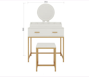 English Elm Vanity Chic Ancient White Makeup Table with Mirror & Stool, Gold Accents, Compact Storage for Small Spaces W2139P306366