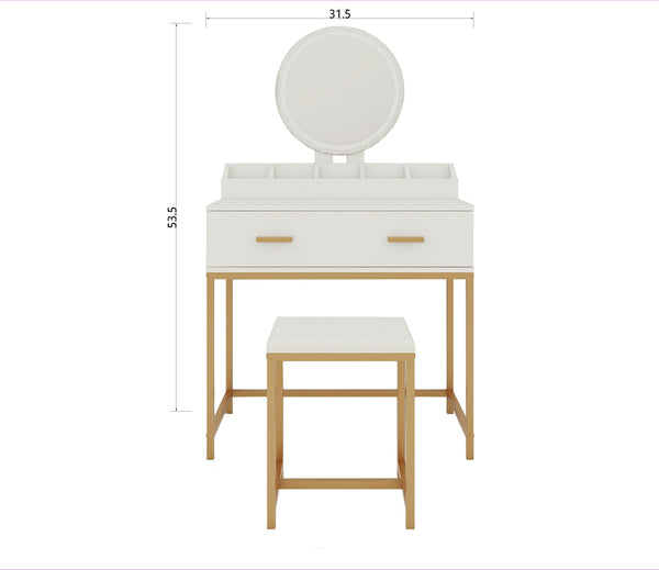 English Elm Vanity Chic Ancient White Makeup Table with Mirror & Stool, Gold Accents, Compact Storage for Small Spaces W2139P306366
