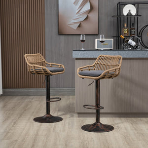 English Elm Modern Swivel Bar Stools Set of 2 Adjustable Counter Height Chairs with Linen Seat Vintage Gold Frame Gray W39594823