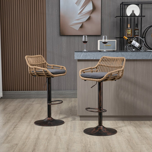 English Elm Modern Swivel Bar Stools Set of 2 Adjustable Counter Height Chairs with Linen Seat, Retro Rattan Back, 360° Rotation and Footrest, Vintage Gold Base, Durable Indoor/Outdoor Seating (Seat Height 25.6–33.9") Gray W39594823