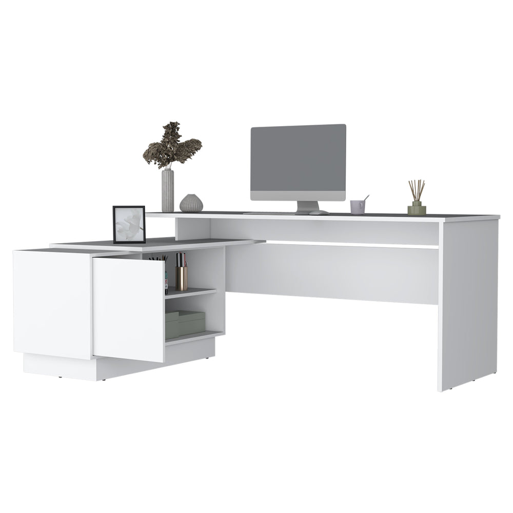 English Elm Emery L-Shaped Desk 70.5" Right-Wide Corner Workstation with Cabinet, Shelves, Sleek White Design B070S00338