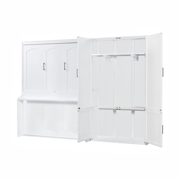 English Elm Queen Murphy Bed with Wardrobe Cabinet Hydraulic Lift Mdf Space Saving Wall Unit White LP000581AAK