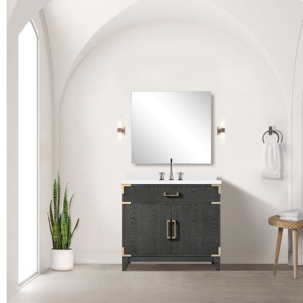 English Elm Black Oak Elegant Single-Sink Vanity With Cultured Marble Top & Matching 34" Mirror For Modern Bathrooms B2731S02127